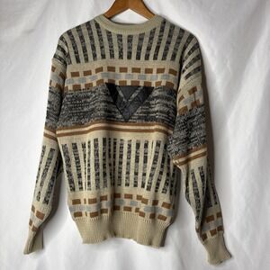 Vtg‎ Alan Stuart Men's M Geometric Knit Pullover Sweater Leather Accent Beige